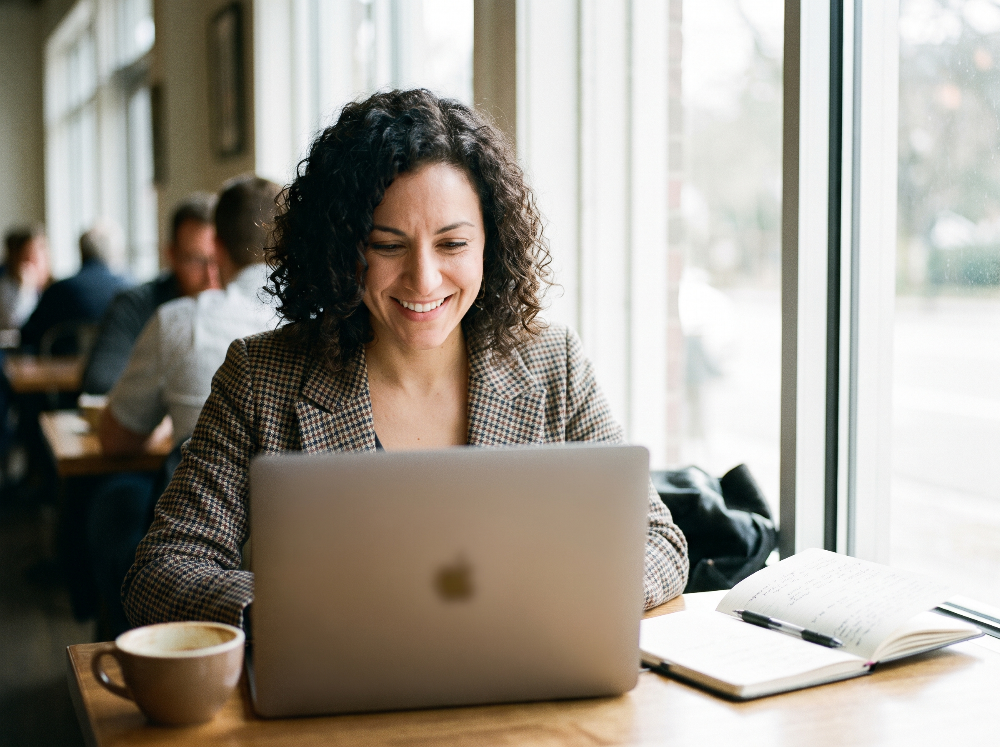 A small-business owner reviewing a draft post on her laptop