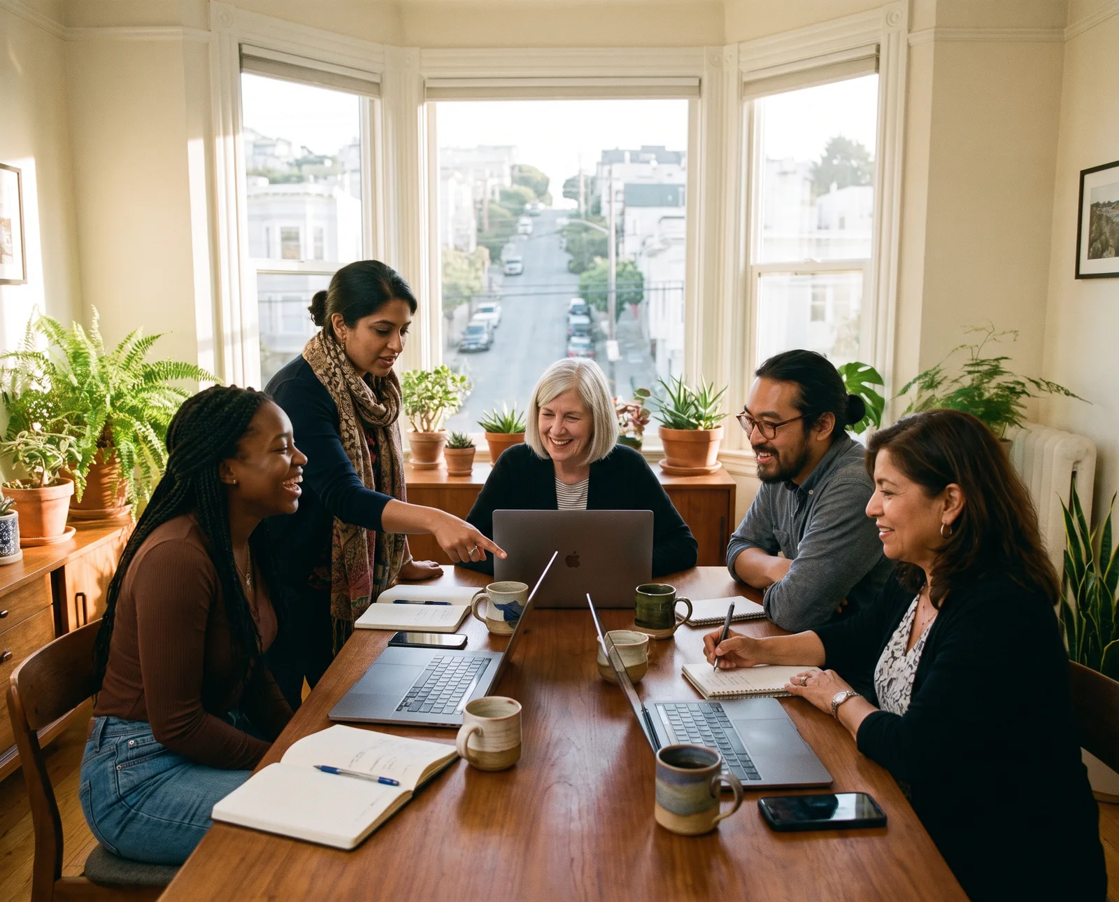 A small group building together around a table with laptops