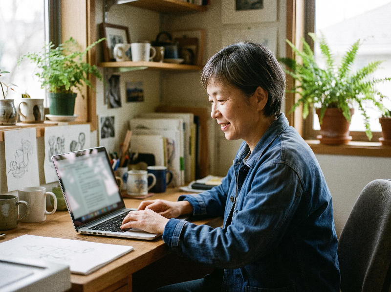 Owner of a small studio working at her laptop